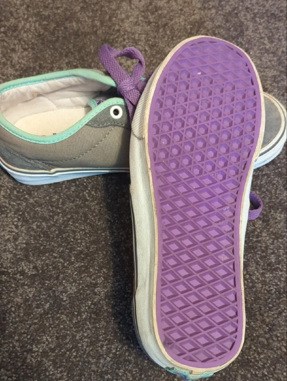 Vans Women's Gray Suede Sneakers with Purple Laces and Mint Trim